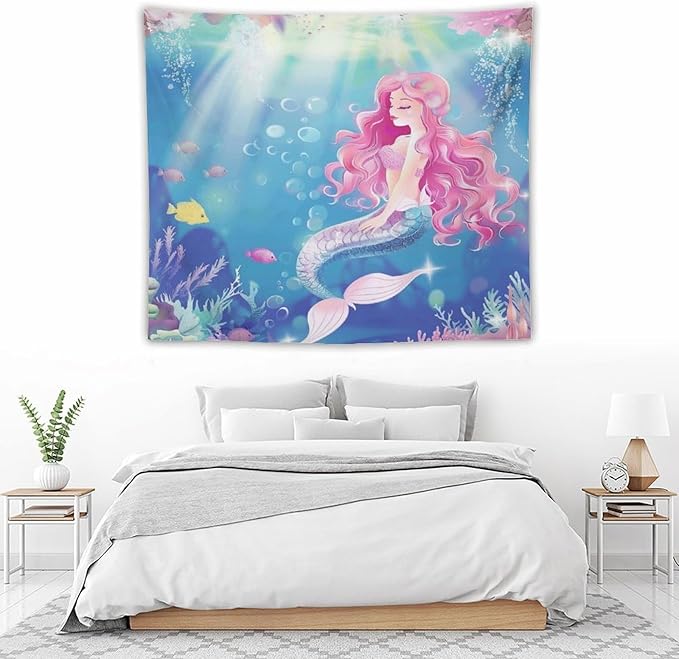 HZOHNAGO Mermaid Girls Tapestry Watercolor Mermaid Princess Pink Hair Pattern for Kids Room Decoration Printed Wall Tapestry Wall Hanging for Bedroom Living Room Dorm 60" W x 50" H-Ruum Studio Home