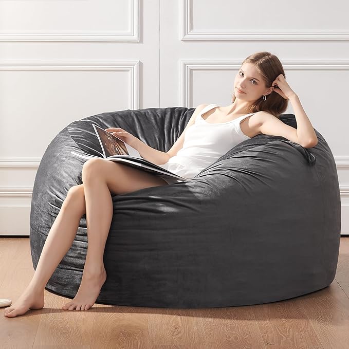 Bean Bag Chairs for Adults - Memory Foam Furniture BeanBag Chair - Kids/Teens Sofa with Soft Micro Fiber Cover - Round Fluffy Couch for Living Room Bedroom College Dorm - 4 ft, Gray Stripe-Ruum Studio Home