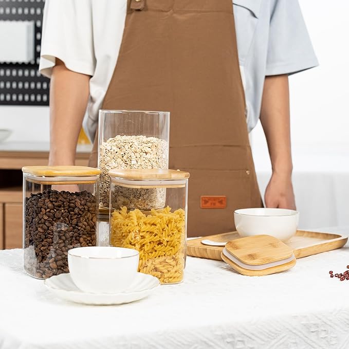41oz Airtight Glass Square Storage Canister with Bamboo Lid Set of 4 (1200ml) Container Stackable Jar, Kitchen Canister for Pantry Noodles, Flour and Coffee beans (‎with Black Lable)-Ruum Studio Home