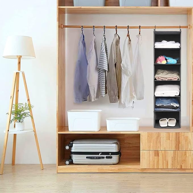 MAX Houser 6 Tier Shelf Hanging Closet Organizer, Closet Hanging Shelf with 2 Sturdy Hooks for Storage,2 Pack, Foldable (Grey)-Ruum Studio Home