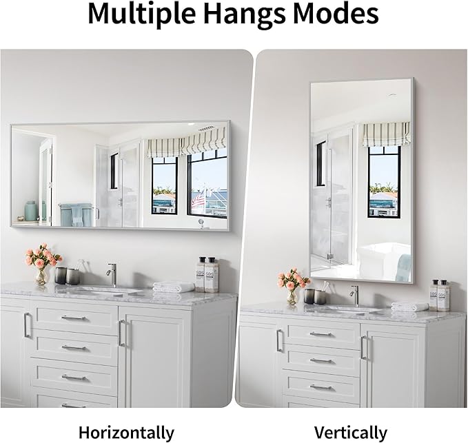 48x24In Silver Bathroom Mirror for Wall, Brushed Nickel Rectangle Mirrors with Metal Frame, Bathroom Rectangular Mirror Modern Wall Mirror for Bedroom Living Room, Hangs Horizontal or Vertical-Ruum Studio Home