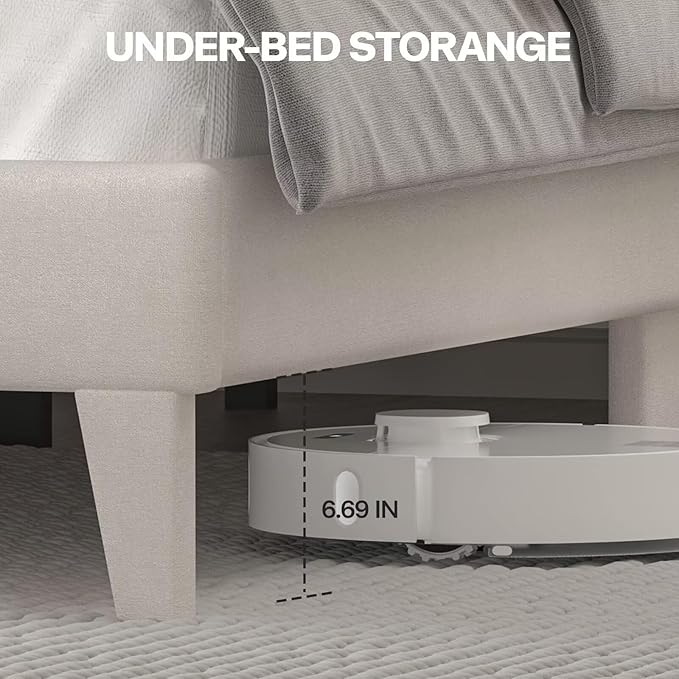 Queen Size Bed Frame with LED Lights, Upholstered Bed Frame with Wingback Diamond Tufted Headboard, Wood Slats Support, Noise-Free, Easy Assembly, No Box Spring Needed, Beige-Ruum Studio Home