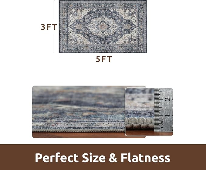 AMOAMI-3X5 Area Rug-Soft Washable Vintage Throw Accent Rugs for Living Room, Entryway, Bedroom, Kitchen, Bathroom, Laundry Room, Kitchen, Bathroom, Bedside, No Slip Blue-Ruum Studio Home