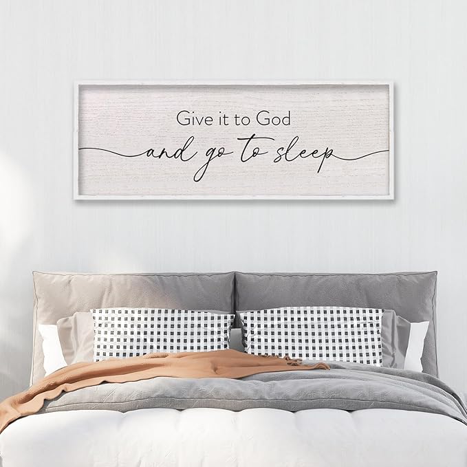LuZhiQiang Give It To God And Go To Sleep Sign Above Over Bed Wall Decor Art 40"X15" for Master Bedroom Large Wood Framed Hanging (White)-Ruum Studio Home