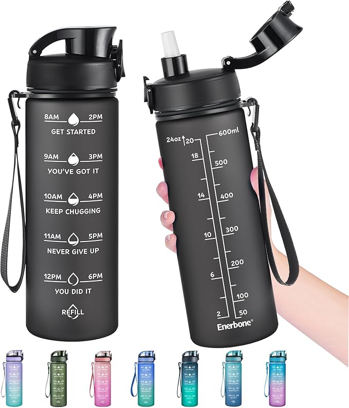 Enerbone Water Bottle, Leakproof BPA & Toxic Free, Motivational Water Bottle with Times to Drink and Straw, Fitness Sports Water Bottle with Strap for Office, Gym, Outdoor Sports-Ruum Studio Home
