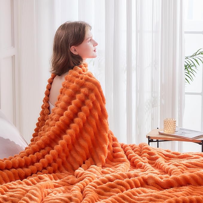 NEWCOSPLAY Super Soft Fall Queen Blanket Orange Premium Silky Flannel Fleece 3D Ribbed Jacquard Lightweight Bed Blanket All Season Use (Orange Ribbed, Queen(90"x90"))-Ruum Studio Home