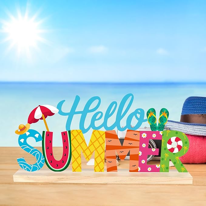 COCHIE Metal Hello Summer Sign, Summer Decorations for Home, Office, Shelf, Mantel, Indoor, Beach Slippers Tabletop Centerpiece Decoration, Watermelon Red Decor (Beach)-Ruum Studio Home