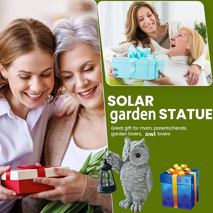 Garden Statues, owl Outdoor Figurines Decorated with Solar Lights, Unique Christmas Birthday Gifts for Moms, Grandmas, Women, Wives, Sisters (Grey Owl1)-Ruum Studio Home