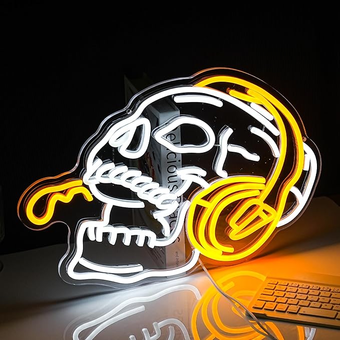 Skull Headphone Neon Sign Headphone Neon Light for Wall Decor LED Dimmable USB Skull Light Up Sign for Halloween Party Game Room Personalized Gifts(12.6 * 16.5In)-Ruum Studio Home