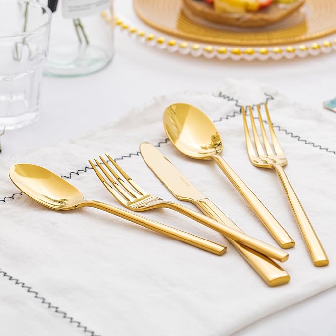 KINGSTONE Gold Silverware Set, 20-Piece Forged Flatware Set Cutlery Set Premium Stainless Steel, Service for 4, for Kitchen, Home, Wedding, Party, Mirror Polished and Dishwasher Safe-Ruum Studio Home