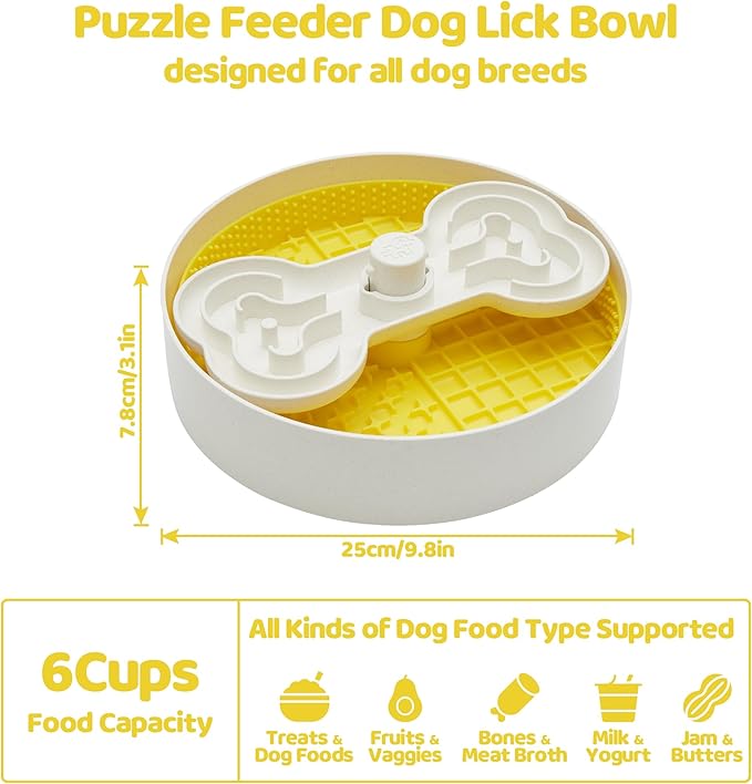 Slow Feeder Dog Bowl with Lick Mat and Puzzle Inserts - Non-Slip Base, Adjustable Speed Design, Dishwasher Safe for Large Dogs,Yellow-Ruum Studio Home