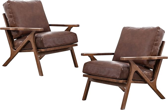 chairus Leather Accent Chairs Mid Century Modern Armchairs Compfy Upholstered Lounge Sofa Chairs for Living Room Fireplace/Bedroom/Reception/Dorm, Set of 2, PU Brown-Ruum Studio Home