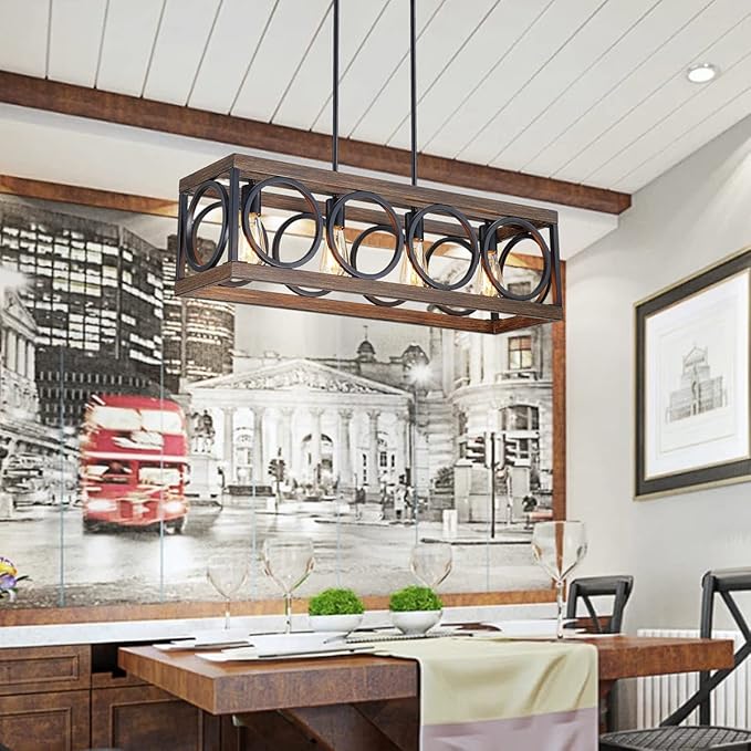 XINGQI Black Kitchen Island Light Fixtures, Farmhouse Dining Room Chandelier Rectangular Linear Chandeliers Pendant Ceiling Light Fixture for Bar Office Coffee Shop 4-Light Wood Grain-Ruum Studio Home