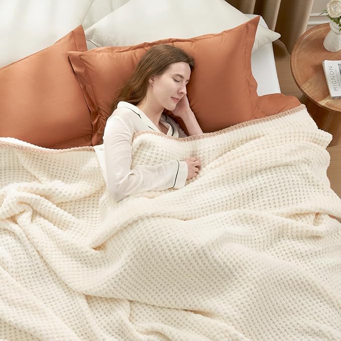 Snuggle Sac Cream Bedding Blankets Queen Size 90x90 inches, Reversible Microfiber Fluffy Fuzzy Soft Throw Cozy Knit Blanket for Women Mothers Birthday Gifts-Ruum Studio Home
