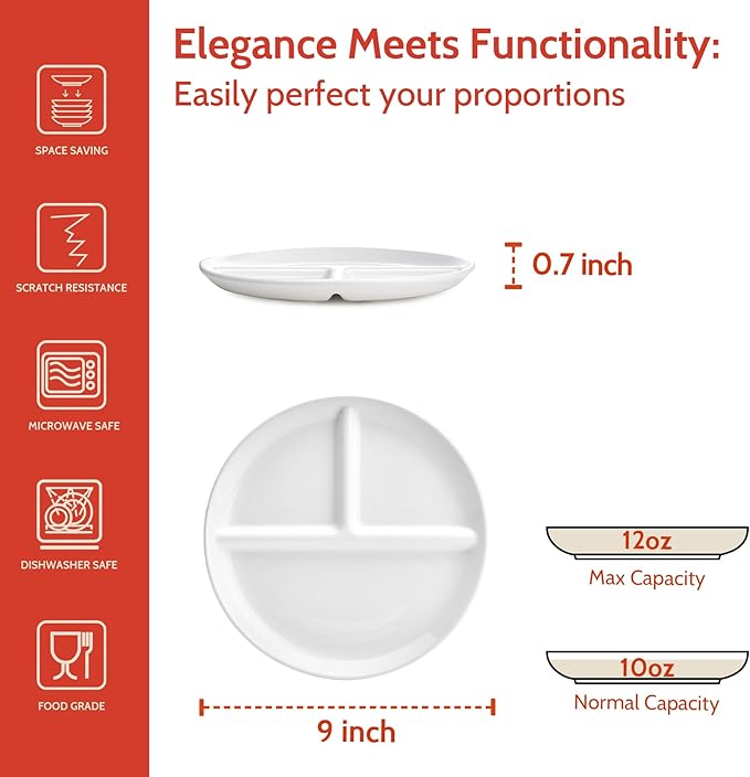 Sweese Porcelain Division Dinner Plates Set of 2, 9 Inch Divided Plates for Adults, Balanced Meal Building - White-Ruum Studio Home