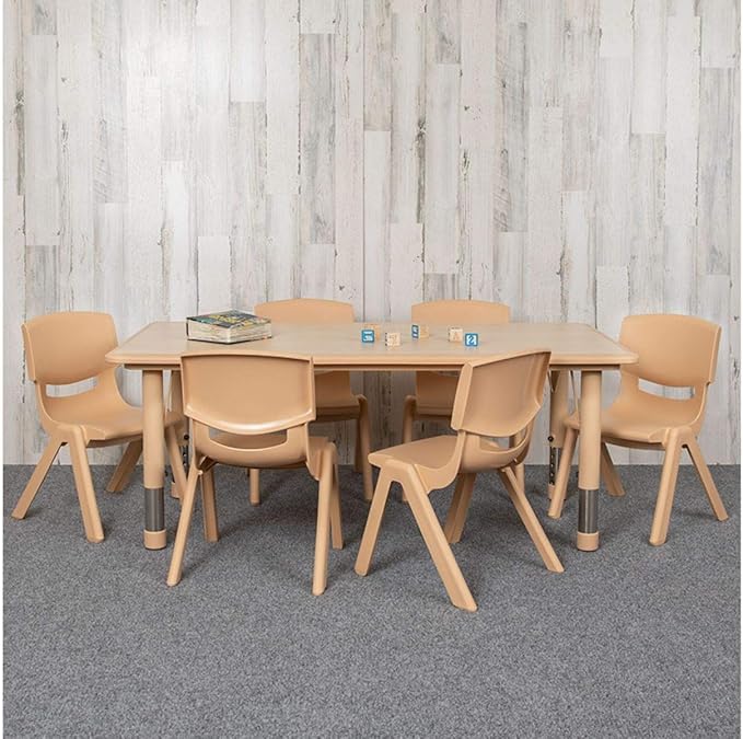 Flash Furniture Emmy Adjustable Classroom Activity Table with 6 Stackable Chairs, Plastic Activity Table for Kids, 23.625" W x 47.25" L, Natural-Ruum Studio Home