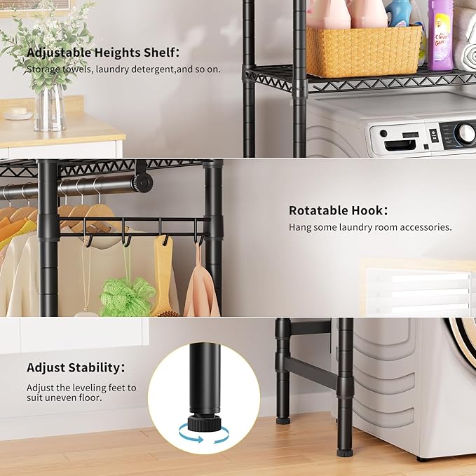 Over Washer and Dryer Shelves,2 Tier Adjustable Height Wire Shelving Laundry Room Storage Organization Clothes Drying Rack with Hanger Rod&Hooks,Space Saving Organizers Shelf,Black-Ruum Studio Home