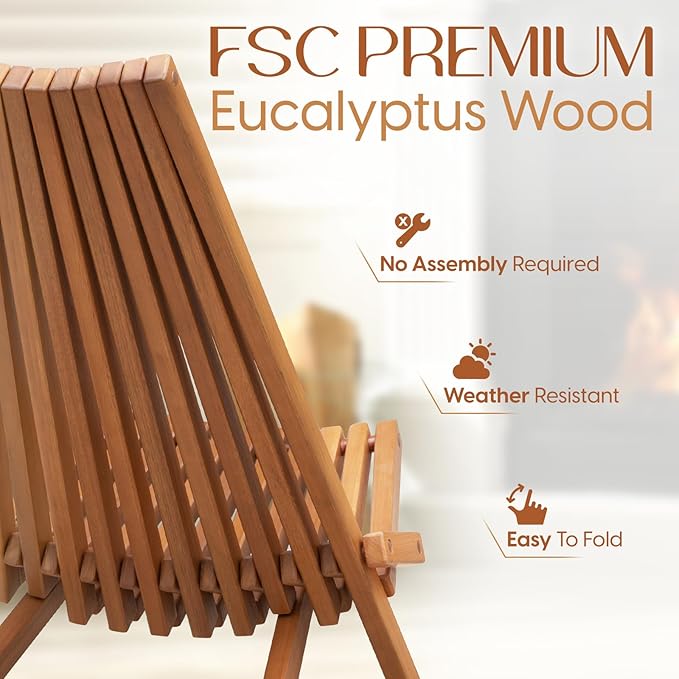 IDZO Elina FSC Eucalyptus Tamarack Chairs, 22.5x31.5x36 in, Weatherproof Wood, Lightweight 19 lb Design, Folding High-Backrest, Natural Finish – Ideal for Patio Furniture Set or Outdoor Furniture-Ruum Studio Home