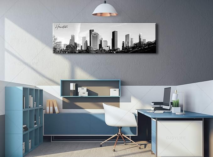 Black and White Wall Art Houston Skyline Canvas Print Picture Panoramic Cityscape Poster Decoration for Bedroom Office Home Decor Framed and Ready to Hang, 13.8"x47.3"-Ruum Studio Home