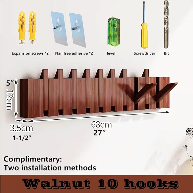 Wall Mounted Piano Key Hanger | Flip Style Hook | Entrance Wall Art Hook, Made of Oak Wood (3 Times Painted, 4 Times Polished) (Walnut, 10Hooks)-Ruum Studio Home