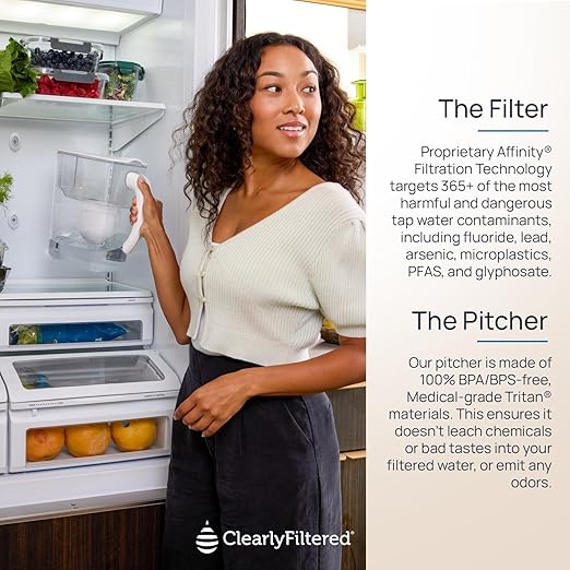 Clearly Filtered No.1 Filtered Water Pitcher/Updated Model/Targets 365+ Contaminants e.g. Fluoride Chlorine PFAS Microplastics Lead Arsenic BPA/BPS Free (Pitcher Includes 1 Filter)-Ruum Studio Home