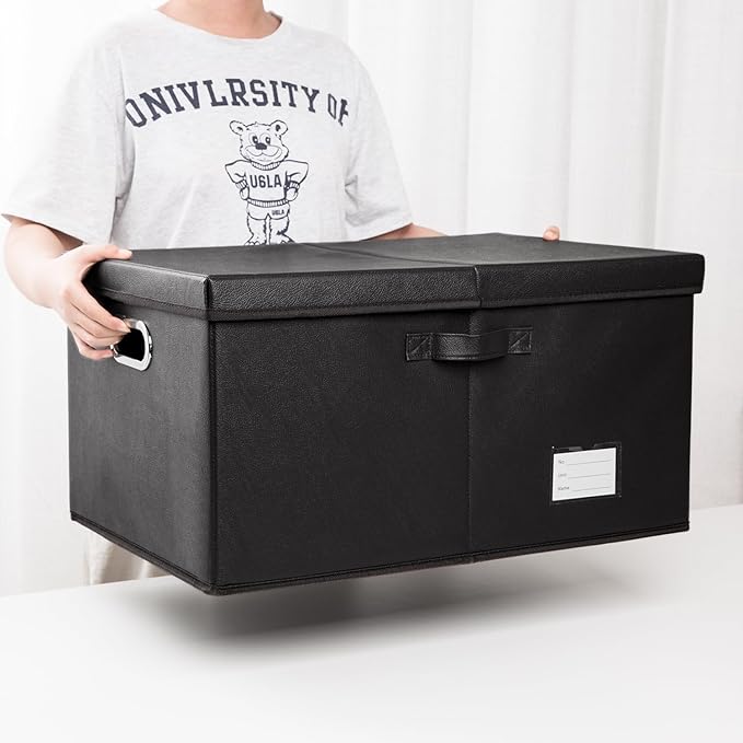 PRANDOM Collapsible Storage Box with Lid [3-Pack] Leather Fabric Foldable Storage Bin Organizer Container Basket Cube with Cover for Home Bedroom Closet Office Nursery Black(22.8X15.7X11.8)-Ruum Studio Home