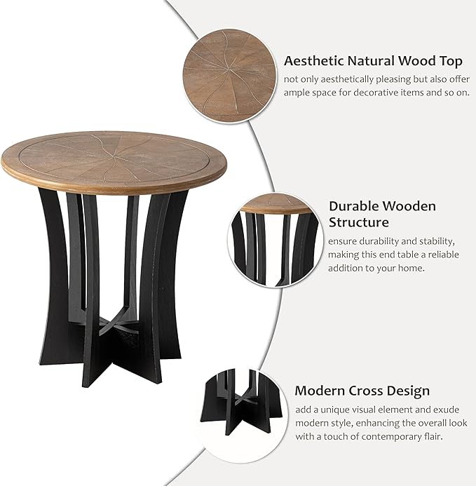 Farmhouse Round End Table X 2P with Criss-Cross Wood Legs, Rustic French Country Side Table for Dinning or Living Room, Modern, Black, Natural Wood-Ruum Studio Home