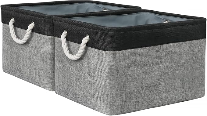 Organization and Storage Bins for Shelves - 17X15X12 inch 2 Pack Foldable Baskets for Organizing, Fabric Storage Cubes with Rope, Storage Box for Decorative Cloth (Black & Grey)-Ruum Studio Home