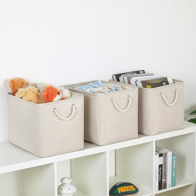 Bidtakay Large Storage Baskets for Shelves 3 Pack Fabric Storage Bins for Organizing Linen Collapsible Organizer for Closet-Light Biege-Ruum Studio Home