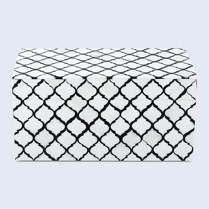 Handicrafts Home Handmade Moroccan Pattern Inspired Decorative Box - Large Storage Organizer for Neck Chains, Watches, Memory Keepsakes - Boho Style Treasure Box, Multipurpose Gift - B&w, 10x5x5-Ruum Studio Home