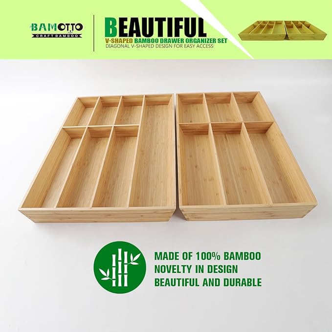 V-Shaped Extra Large Bamboo Drawer Organizer Set of 2, Kitchen Cutlery Tray Utensil Plate, Flatware&Silverware Storage Box, Wood Organizer for Bedroom, Living Room (19.6"x14.6" & 19.6"x12.4")-Ruum Studio Home