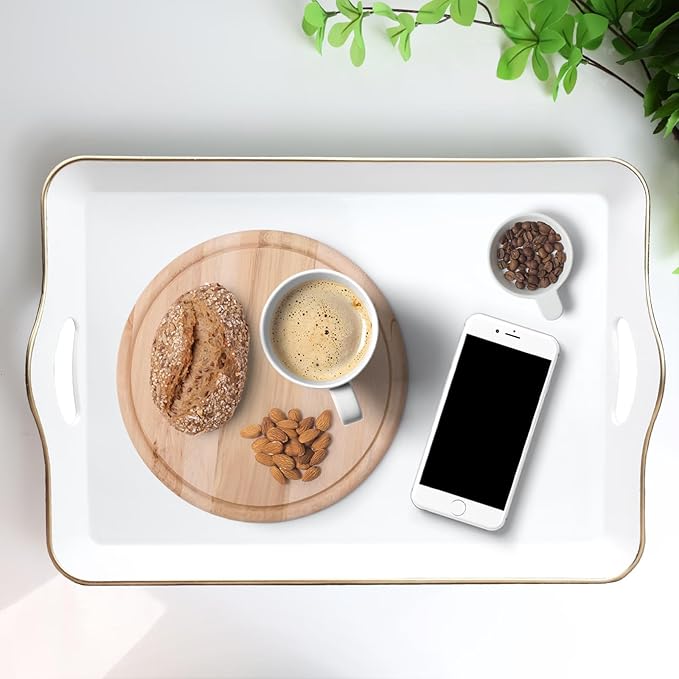 Spsyrine White Decorative Serving Tray with Handles, Elegant Plastic Coffee Table Tray for Ottoman, Living Room, Home Decor-Ruum Studio Home