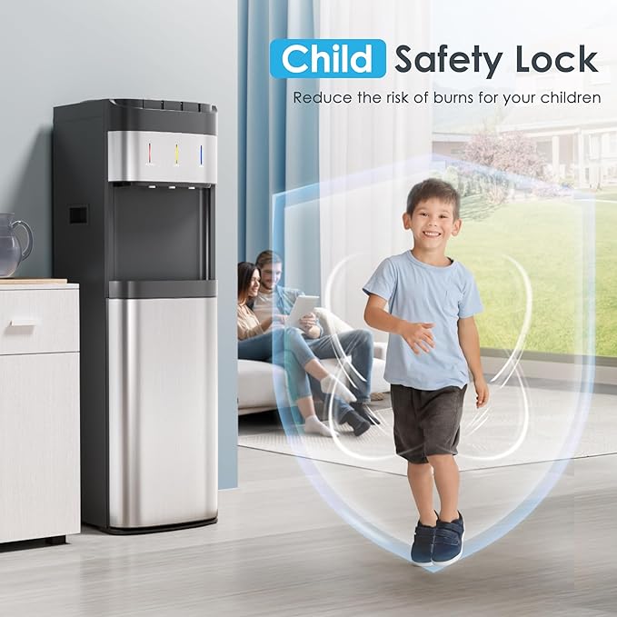 Euhomy Bottom Loading Water Cooler for 5 Gallons, 3 Temperature Settings-Cold/Hot/Warm, Child Safety Lock, Water Dispenser for Apartments, Schools, Companies, Black+Sliver-Ruum Studio Home