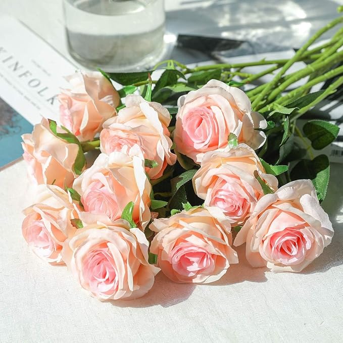Pink Fake Roses Artificial Flowers - 10 Pcs Fake Artificial Roses Silk Flowers with Stems for Home Wedding Hotel Office Centerpiece Decor（Champagne Pink）-Ruum Studio Home