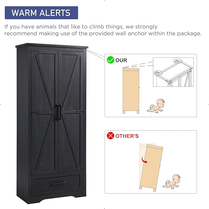 Farmhouse Kitchen Pantry Cabinet - 72" Tall Large Wood Kitchen Storage Cabinets with Adjustable Shelves & 2 Barn Doors & Drawer, Versatile Storage for Dining Room, Bathroom, Living Room, Antique Black-Ruum Studio Home
