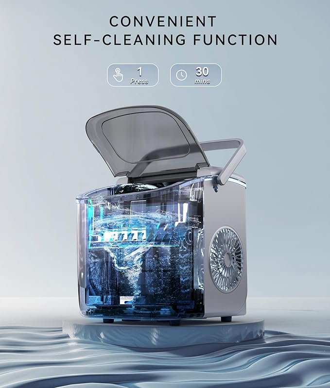 ecozy Portable Ice Maker Countertop, 9 Cubes Ready in 6 Mins, 26lbs in 24Hrs, Self-Cleaning Ice Machine with Handle/Ice Bags/Ice Scoop/Ice Basket, 2 Sizes Bullet Ice for Home Kitchen Office Bar Party-Ruum Studio Home