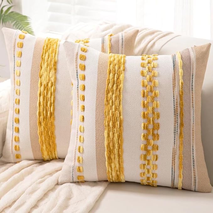 Boho Throw Pillow Covers 18x18 Set of 2 Farmhouse Decorative Cushion Case Striped Square Pillows Cover Chenille Pillow Cases Accent Neutral Pillowcase for Sofa Couch Bed,Yellow-Ruum Studio Home
