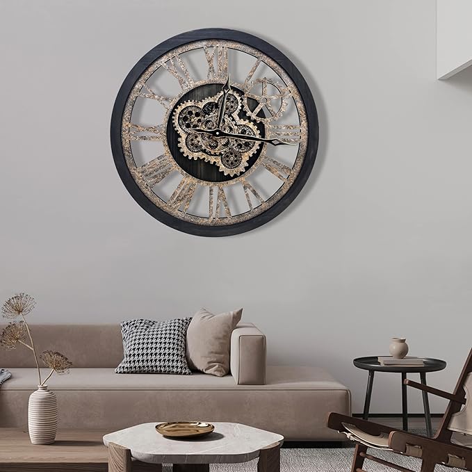 The B-Style Large Wall Clock 18 inch Moving Gear Wall Clock Oversized Vintage Farmhouse Wall Clocks for Living Room Decor Rustic Industrial Wood Clock (Black)-Ruum Studio Home