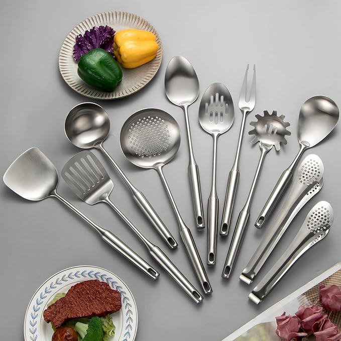 304 Stainlss Steel Kitchen Utensils Set, 11 Pcs Long Metal Cooking Utensil Gadgets Tools Set with Spatula, Ladle, Spoon, Ladle, Skimmer, Tunner, Pasta Server, Tongs(Silver, Dishwasher Safe)-Ruum Studio Home