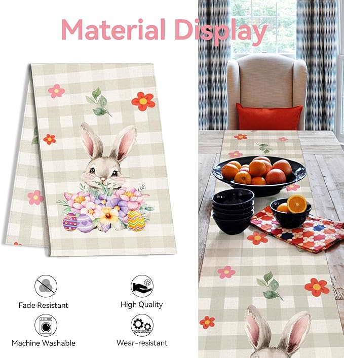 Easter Table Runner 13x72 Inch Bunny Rabbit Flowers Leaves Buffalo Plaid Eggs Seasonal Holiday Kitchen Dining Table Decoration for Indoor Kitchen Dining Home Party Decor-Ruum Studio Home