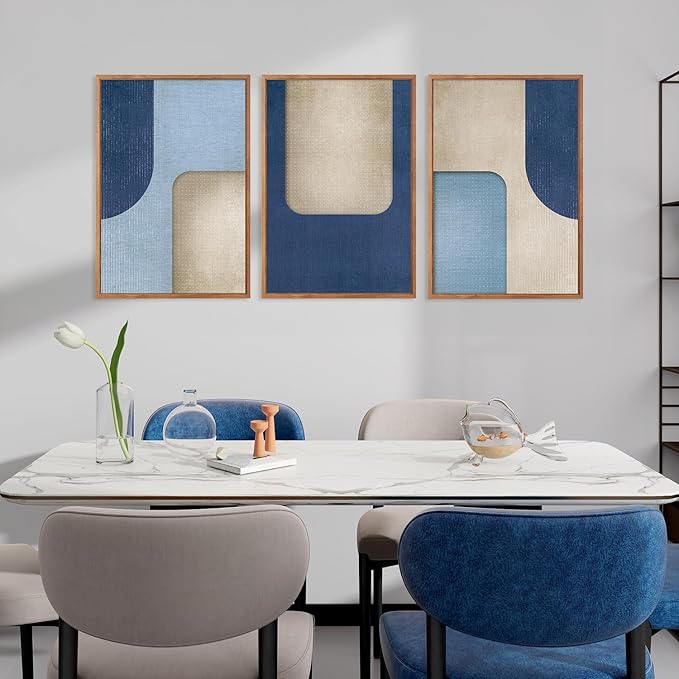 KAIRNE Blue Modern Abstract Canvas Wall Art,Neutral Prints Set of 3(16”X24”),Simple Design Wall Decor,Boho Minimalist Paintings,Blue and White Geometry Pictures for Living Room Bedroom Office Decor-Ruum Studio Home