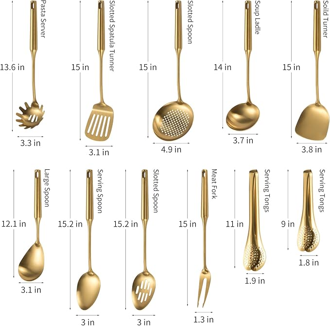 304 Stainlss Steel Matte Kitchen Utensils Set, 11 Pcs Long Metal Cooking Utensil Gadgets Tools Set with Spatula, Spoon, Ladle, Skimmer, Tunner, Pasta Server, Tongs(Gold, Dishwasher Safe)-Ruum Studio Home
