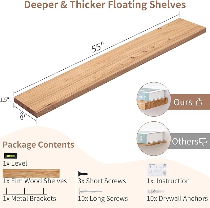 Axeman Floating Shelves for Wall, Rustic Elm Wood 56''W x 8" D Wall Shelf with Invisible Bracket, Large Long Wall Mounted Storage Shelves for Living Room, Bedroom, Kitchen, Bathroom Decor, Natural-Ruum Studio Home