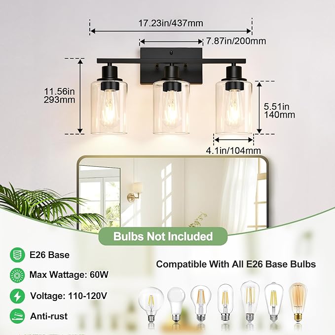 3 Light Bathroom Light Fixtures, Matte Black Modern Vanity Lights with Clear Glass Shade, Bathroom Wall Lamp for Mirror Kitchen Living Room Hallway Cabinet Porch-Ruum Studio Home