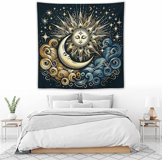 HZOHNAGO Sun Moon Tapestry Boho Golden Stars Pattern Printed Wall Tapestry Wall Hanging for Bedroom Living Room Dorm 60" W x 60" H-Ruum Studio Home