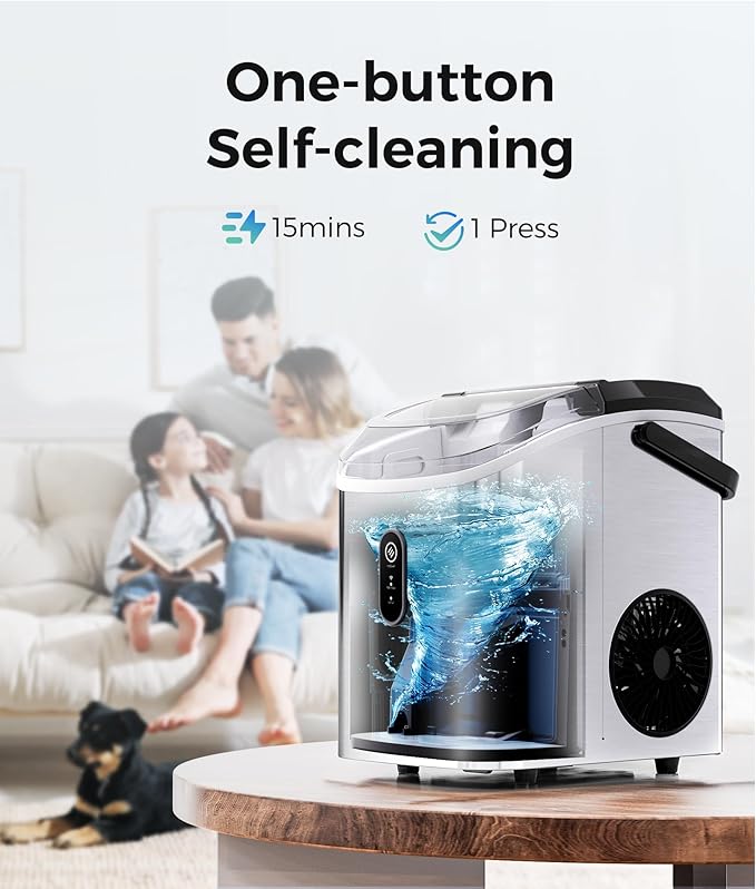 ecozy Smart Nugget Ice Maker Countertop, Portable Pebble Ice Machine with Voice Control, 34lbs/24H Soft Chewable Ice, Self-Cleaning Pellet Ice Maker with APP WiFi for Kitchen Party, Stainless Steel-Ruum Studio Home