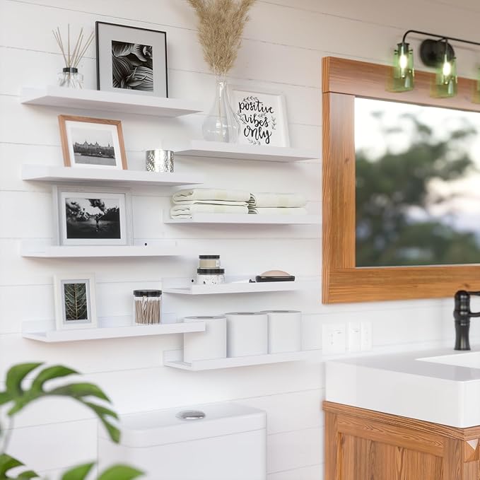 RICHER HOUSE 8 Set Floating Wall Mounted Shelves, Nursery Hanging Book Shelves with Lip for Storage, White Display Picture Ledge Shelf for Bedroom Bathroom Kitchen Living Room Wall Decor, Modern White-Ruum Studio Home