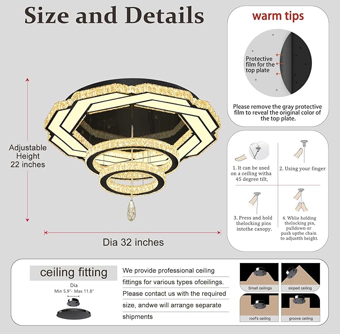 Flashing God Dia 32" Modern Crystal Chandelier Crystal Black Ceiling Light Fixtures LED Flush Mount Ceiling Light for Living Room Bedrooms Dining Room Dimmable 2700k- 6000k-Ruum Studio Home