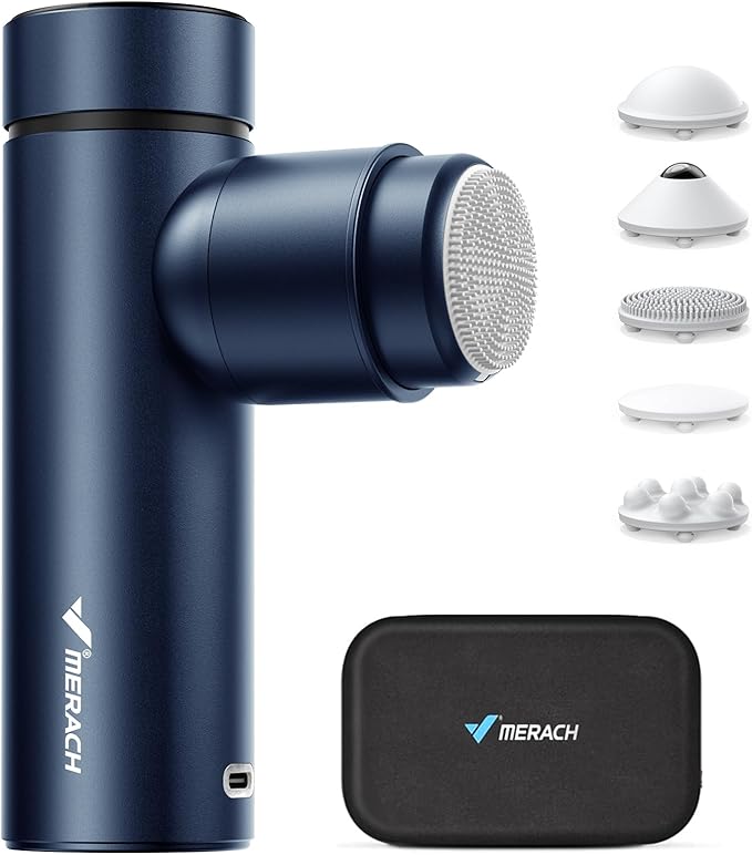 MERACH Mini Massage Gun with 8mm Amplitude, Percussion Massage Tools with 5 Massage Heads, Portable Hand Held Muscle Massagers for Pain Relief Deep Tissue, Cool Gifts for Mens and Women (Blue)-Ruum Studio Home
