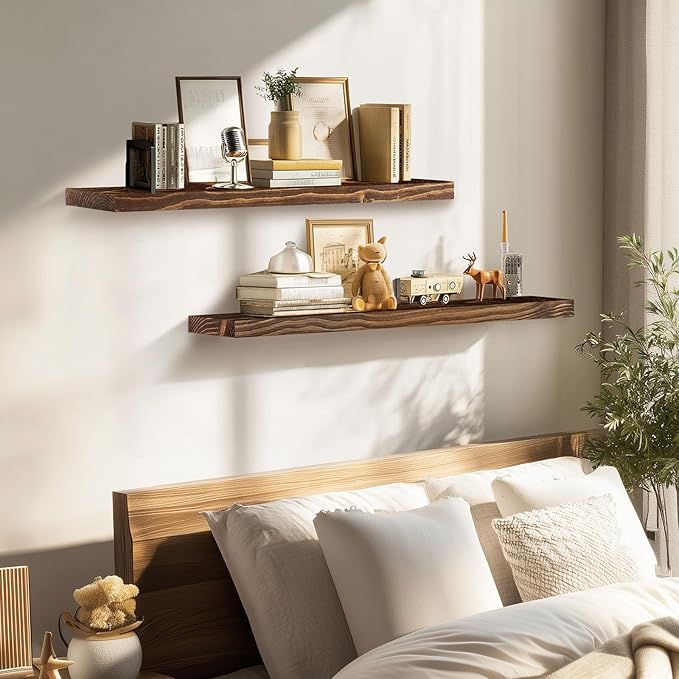 36"x6.8"x1.2" Solid Wood Floating Shelves 2-Pack - Rustic Brown Finish with Hidden Brackets, Perfect for Storage and Décor in Living Room, Kitchen, Bedroom-Ruum Studio Home